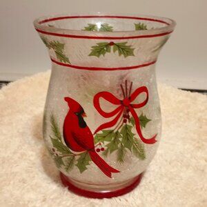 EUC ~ Hand-painted Red Cardinal Crackle Glass Vase (Winter Christmas Design)